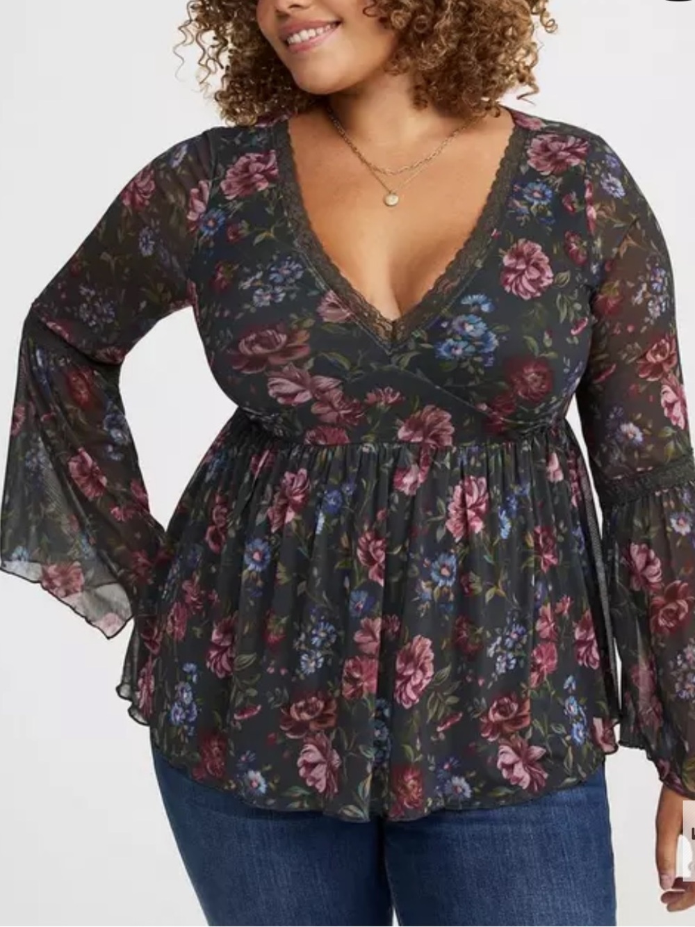 Torrid Floral Mesh Boho Top Bell Sleeves Lace Trim Babydoll Size 3 3X